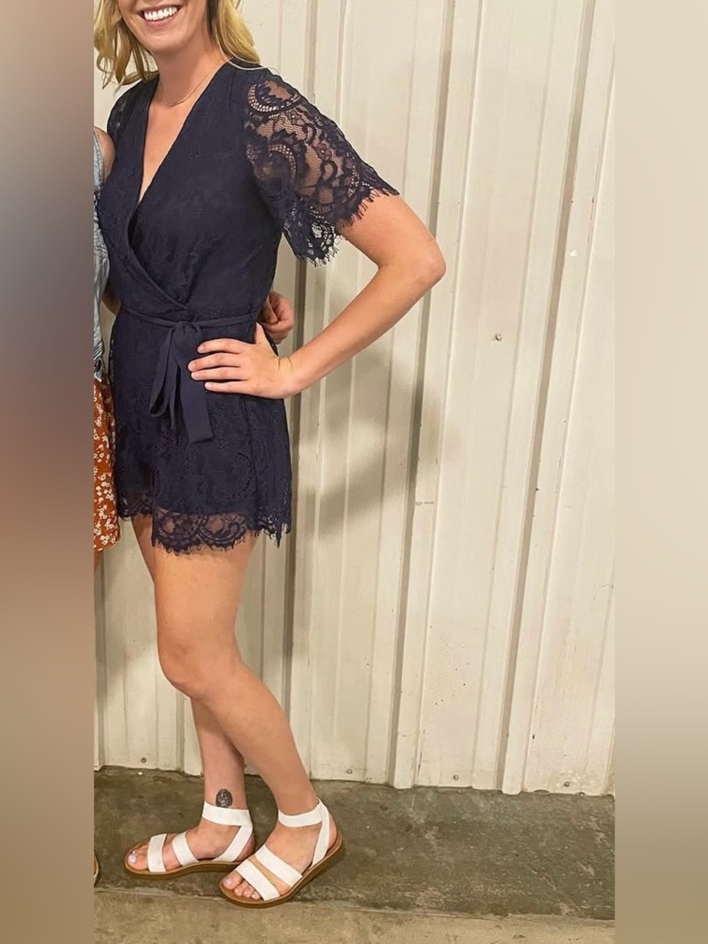 Blue Rain Navy Lace Wrap Mini Romper